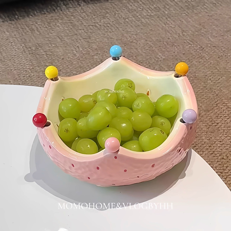 Keramički pladanj za voće s vilicom za voće, ukras za stol u INS stilu, prugasti uzorak, svjež i sladak stil, set vilica za voće, ljeto 2025