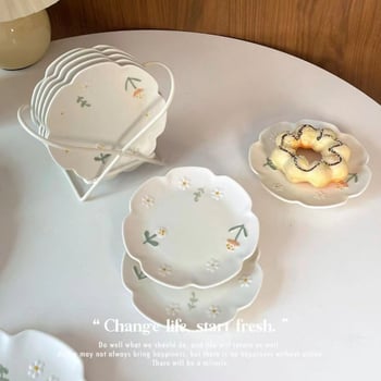 Керамична малка чиния за закуски, кръгла, корейски стил, с възможност за печат на лого (Материал: керамика; Форма: кръгла; Стил: корейски; Печат на лого: възможен; Подходяща за подарък)