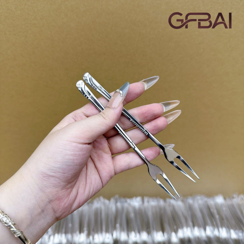 Set de 5 furculițe pentru fructe din oțel inoxidabil, seria 400, cu două dinți, stil simplu, pentru uz casnic