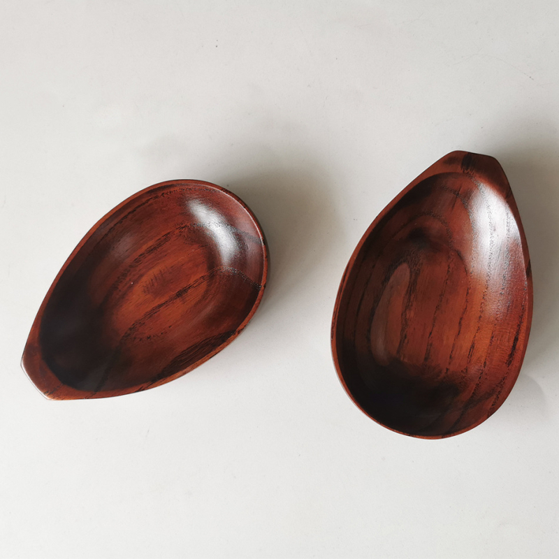 Японски стил дървена чиния за подправки със суров лак — неравна форма, ивици по повърхността, ретро стил с лек лукс, държач за лъжица и поставка за лъжичка за соев сос и оцет