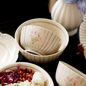 Maple Two keramički japanski retro set posuđa – tanjuri, zdjele za rižu i rezance; cvjetni uzorak; podglazurna boja + dekals visoke temperature; mikrovalna pećnica