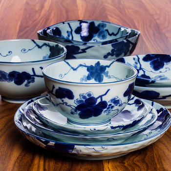 Porcelanski set posuđa – nepravilni tanjuri i zdjele, plavi grozdni cvjetni uzorak ispod glazure, pogodno za mikrovalnu