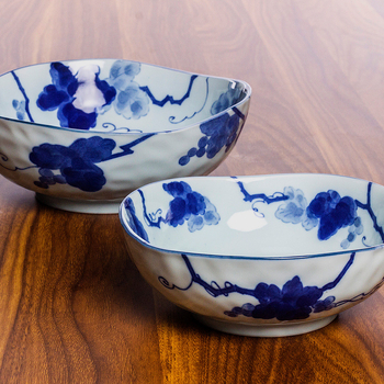 Porcelanski set posuđa – nepravilni tanjuri i zdjele, plavi grozdni cvjetni uzorak ispod glazure, pogodno za mikrovalnu