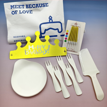 Jednorázová tortová súprava s odkvapkávacím podnosom a päť v jednom príborom (nôž, vidlica, lyžica a sviečky) – PP plast, obdĺžnikový podnos; balenie 100 kusov; možnosť potlače loga