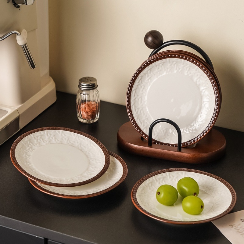 Keramički bone dish set s držačem za pohranu, okruglog oblika, pogodan za mikrovalnu, karikaturni uzorak, jednostavan modern stil