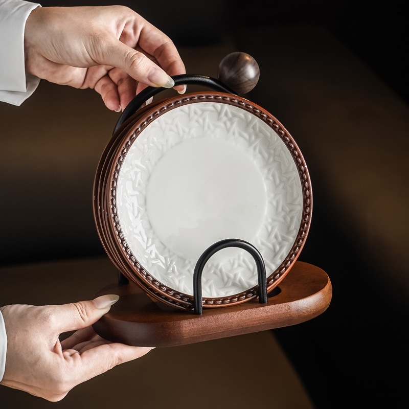 Keramički bone dish set s držačem za pohranu, okruglog oblika, pogodan za mikrovalnu, karikaturni uzorak, jednostavan modern stil