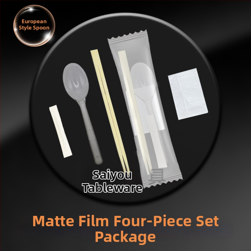 Set príborov na donášku, európsky štýl, 4 diely, jednorazové lyžičky a paličky, plast s Nanmu bambusom, vhodné do mikrovlnnej rúry, tlač loga možné