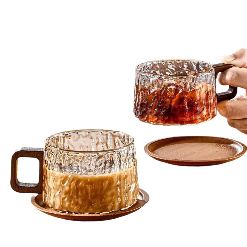 Šalica za kavu u retro japanskom stilu s držakom, visokovrijedno borosilikatno staklo, uzorak ledenog glečera, polu ručna izrada, prilagodljivo