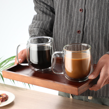 Чаша за кафе с двойно стенно боросиликатно стъкло, дръжка, изолационна и термоустойчива, комплект от две чаши