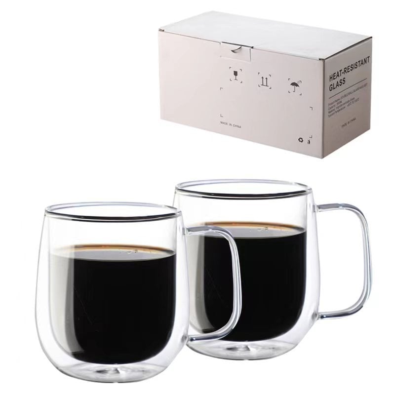 Чаша за кафе с двойно стенно боросиликатно стъкло, дръжка, изолационна и термоустойчива, комплект от две чаши