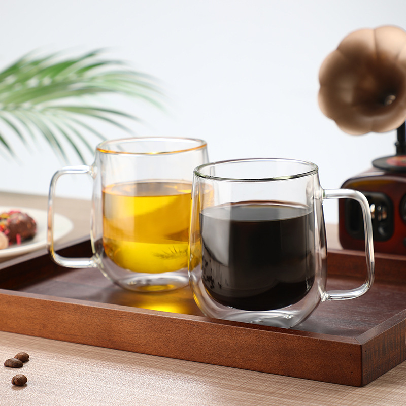 Чаша за кафе с двойно стенно боросиликатно стъкло, дръжка, изолационна и термоустойчива, комплект от две чаши