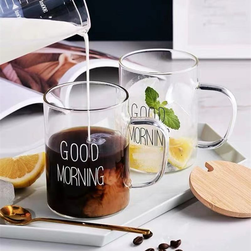 Стъклена чаша за закуска с дръжка — японски стил, устойчива на топлина, ръчно духано стъкло, лого отпечатано