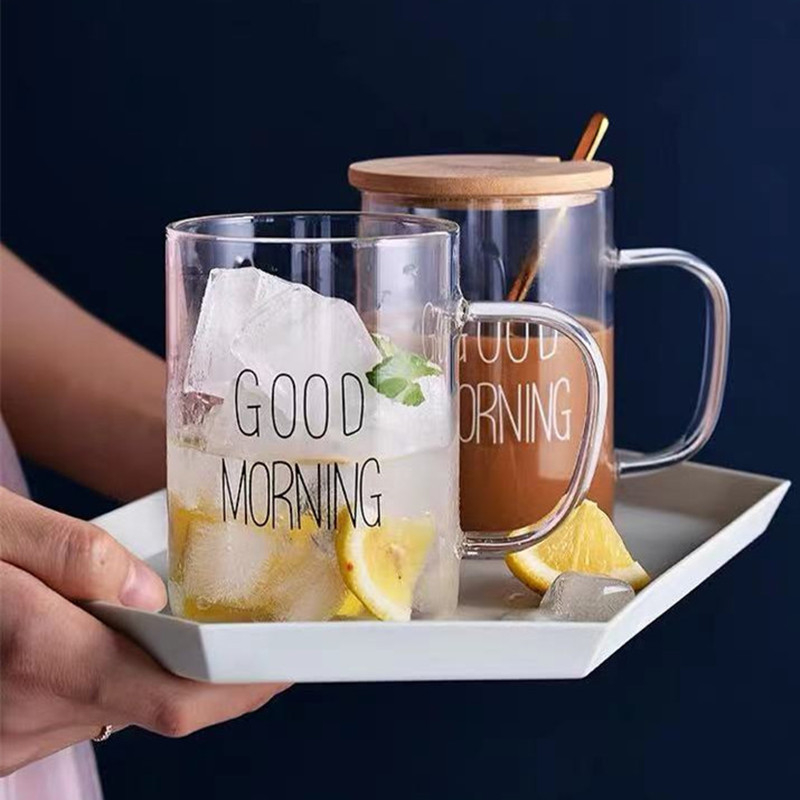 Стъклена чаша за закуска с дръжка — японски стил, устойчива на топлина, ръчно духано стъкло, лого отпечатано