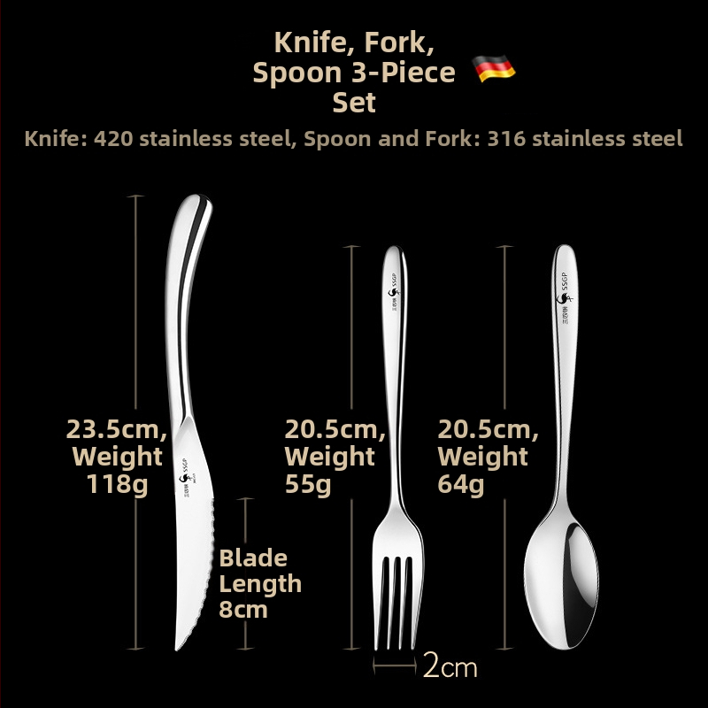 Sansigang Kitchenware – 3-komadni set nož, vilica i žlica, od 316 inox čelika, debeli dizajn, polirani završetak