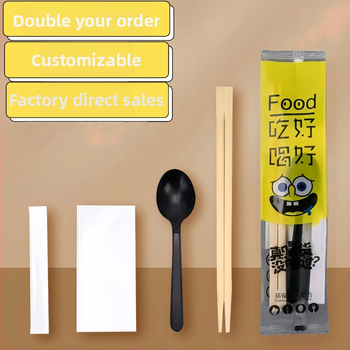 Jednorázový bambusový súbor príborov: paličky a lyžička, štyri diely, kruhový tvar, štyri v jednom, prispôsobiteľné, balenie 500 ks