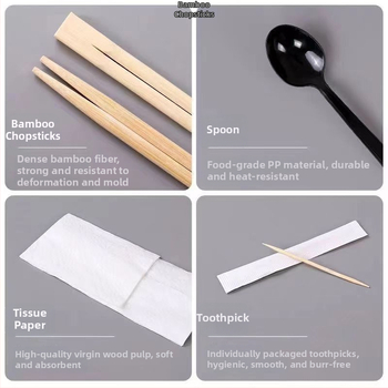 Jednorázový bambusový súbor príborov: paličky a lyžička, štyri diely, kruhový tvar, štyri v jednom, prispôsobiteľné, balenie 500 ks