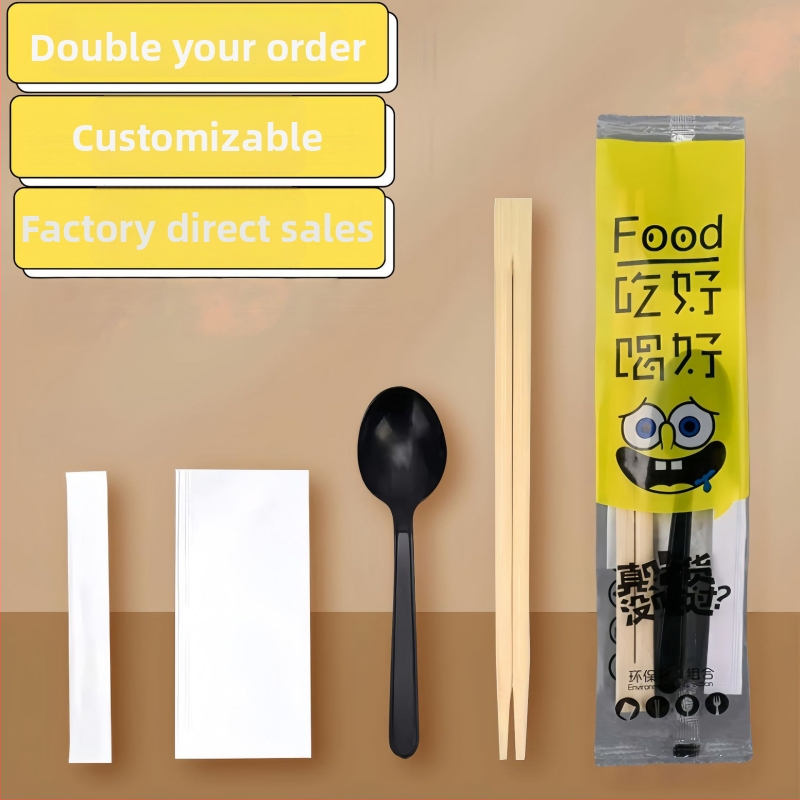 Jednorázový bambusový súbor príborov: paličky a lyžička, štyri diely, kruhový tvar, štyri v jednom, prispôsobiteľné, balenie 500 ks