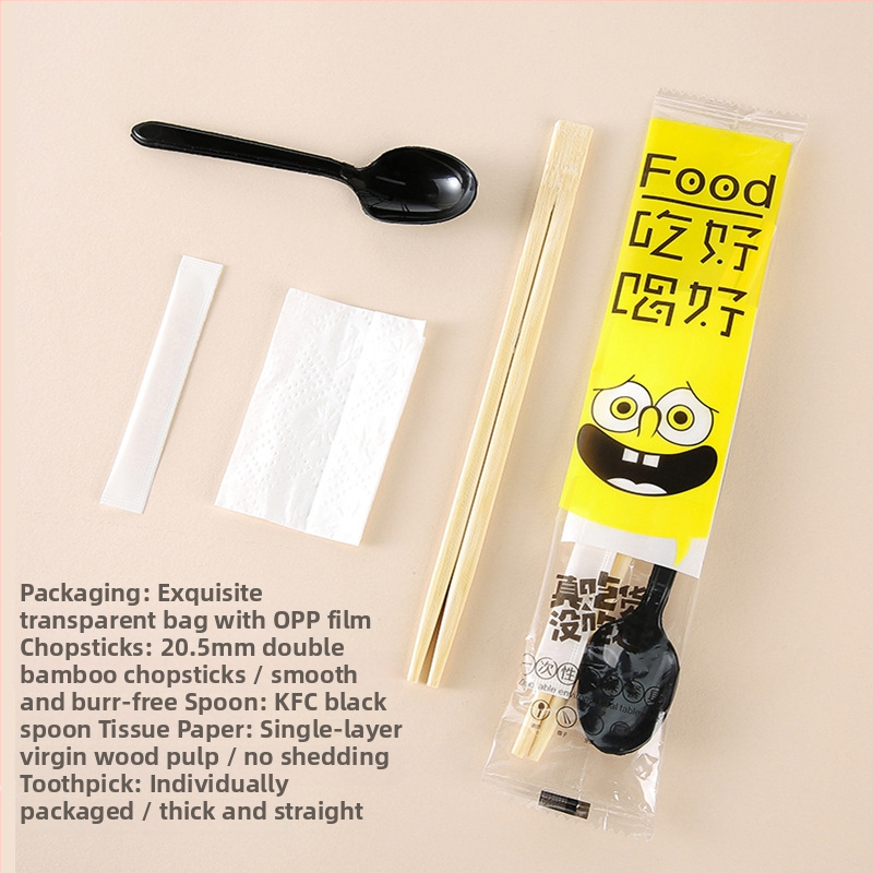 Jednorázový bambusový súbor príborov: paličky a lyžička, štyri diely, kruhový tvar, štyri v jednom, prispôsobiteľné, balenie 500 ks