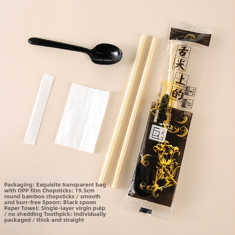 Jednorázový bambusový súbor príborov: paličky a lyžička, štyri diely, kruhový tvar, štyri v jednom, prispôsobiteľné, balenie 500 ks