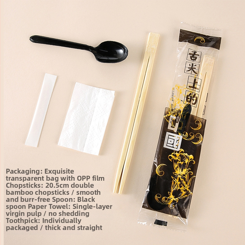 Jednorázový bambusový súbor príborov: paličky a lyžička, štyri diely, kruhový tvar, štyri v jednom, prispôsobiteľné, balenie 500 ks