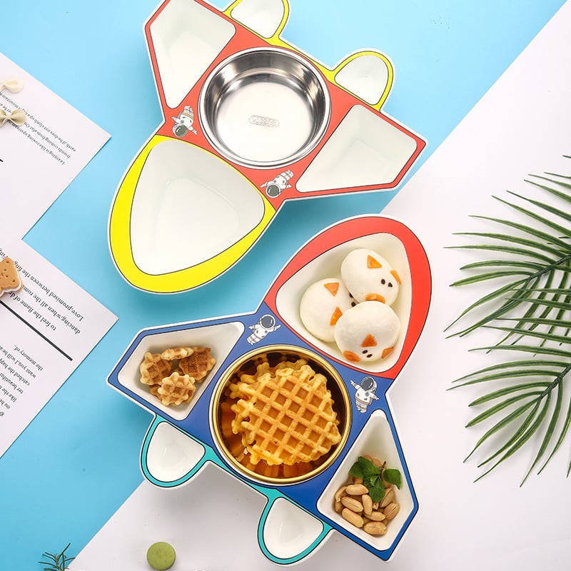 Yi Kitchen dječji podijeljeni tanjur s posudom od nehrđajućeg čelika – crtani dizajn zrakoplova, podijeljeni set posuđa za djecu od 12 mjeseci