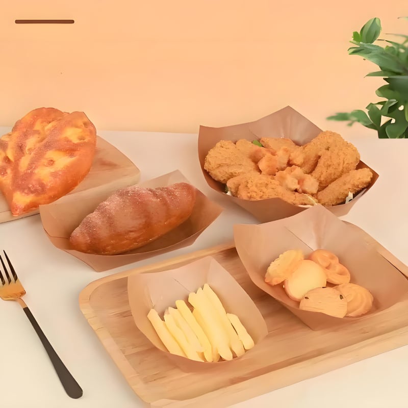 Cutie de livrare din hârtie Kraft, în formă de barcă, cu deschidere în partea superioară, logo tipărit, procesare personalizabilă, degradabilă