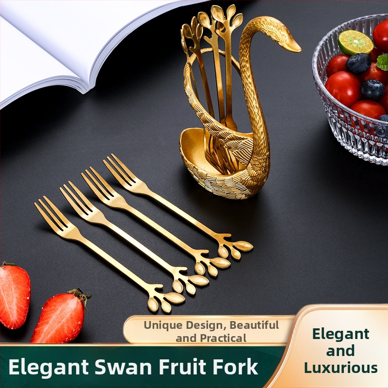 Rozsdamentes acél gyümölcs villa készlet, modern minimalista stílus, Swan Seat Fruit Fork, logónyomtatás