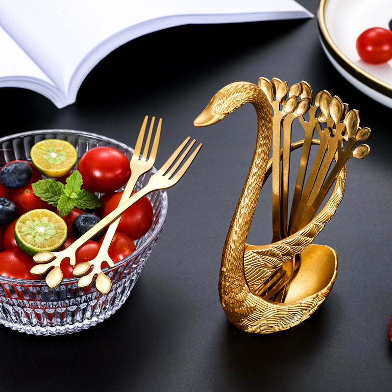 Rozsdamentes acél gyümölcs villa készlet, modern minimalista stílus, Swan Seat Fruit Fork, logónyomtatás