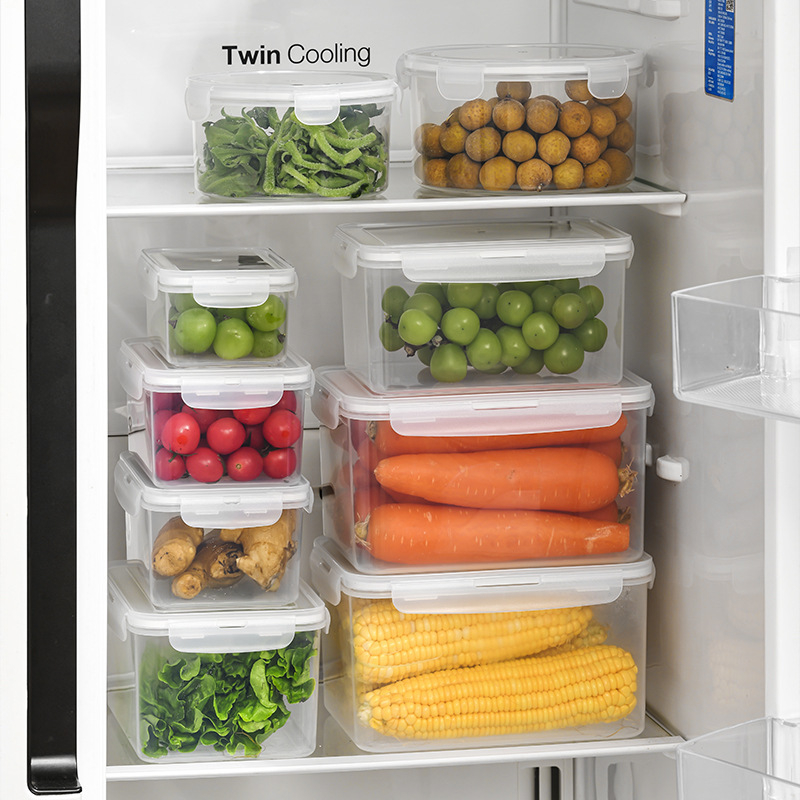 Élelmiszer-minőségű PP négyszögletes ételtároló, 800–1000 ml, mikrohullámú sütőben használható, zárható fedél, háztartási célokra