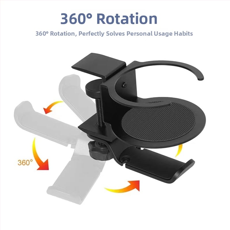 Železný viacúčelový držiak na pohár so 360° otáčajúcim sa stojanom na slúchadlá, bez vŕtania, montáž na okraj stola, hmotnosť 0,35 kg