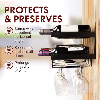 Стенно монтиран железен държач за вино и чаши, прост стил, без пробиване, за дом и ресторант