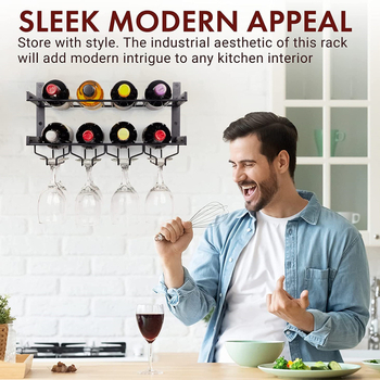 Стенно монтиран железен държач за вино и чаши, прост стил, без пробиване, за дом и ресторант