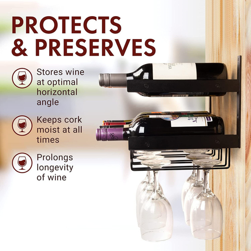 Стенно монтиран железен държач за вино и чаши, прост стил, без пробиване, за дом и ресторант