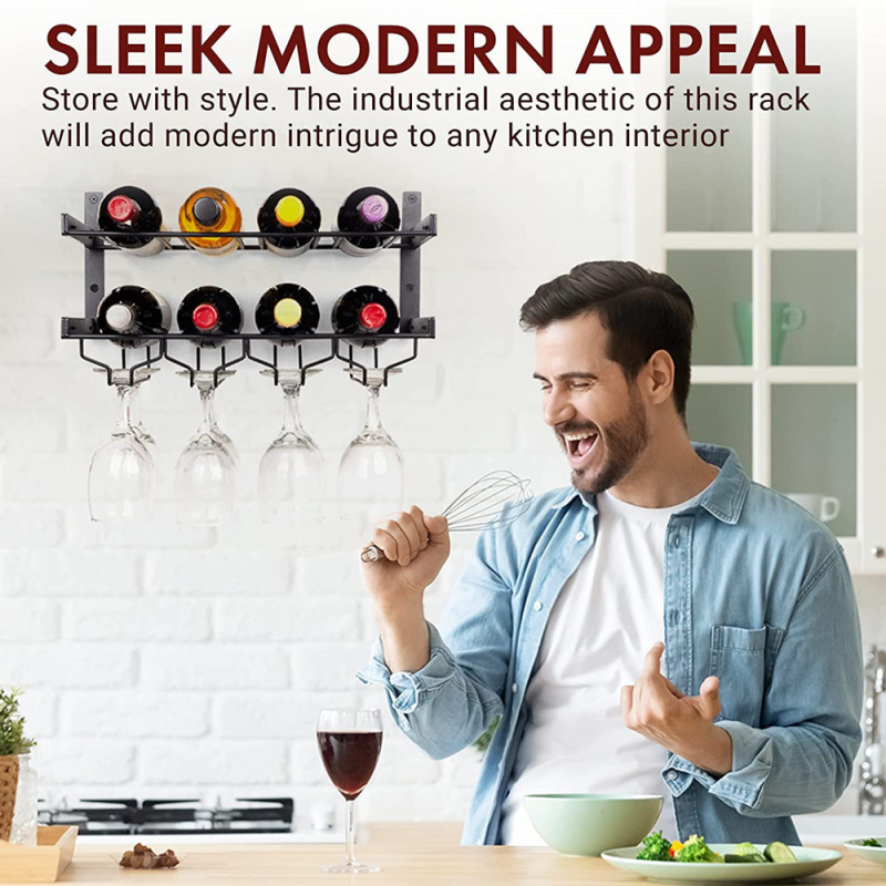 Стенно монтиран железен държач за вино и чаши, прост стил, без пробиване, за дом и ресторант