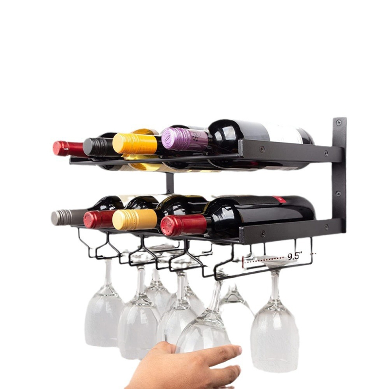 Стенно монтиран железен държач за вино и чаши, прост стил, без пробиване, за дом и ресторант