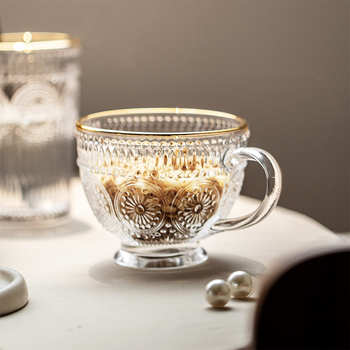 Чаша за вода от сода-лайм със дръжка, релефно стъкло, капак за директно пиене, кръгла форма, тегло 390 g