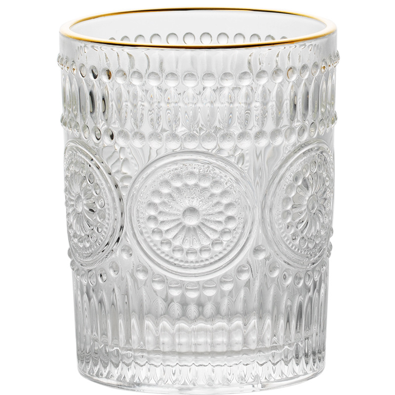 Чаша за вода от сода-лайм със дръжка, релефно стъкло, капак за директно пиене, кръгла форма, тегло 390 g