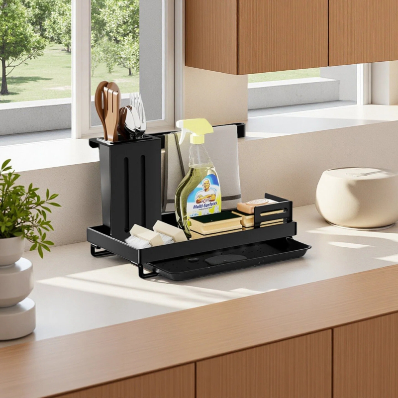 Višenamjenski kuhinjski stalak za krpe i spužve, bez bušenja, od karbonskog čelika, stolnog dizajna, s jednim nivoom
