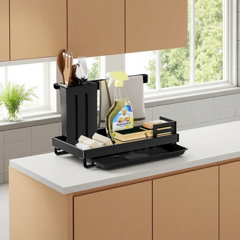 Višenamjenski kuhinjski stalak za krpe i spužve, bez bušenja, od karbonskog čelika, stolnog dizajna, s jednim nivoom