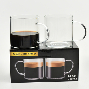 Комплект стъклени чаши за кафе, термоустойчиви, с дръжка, цилиндрични