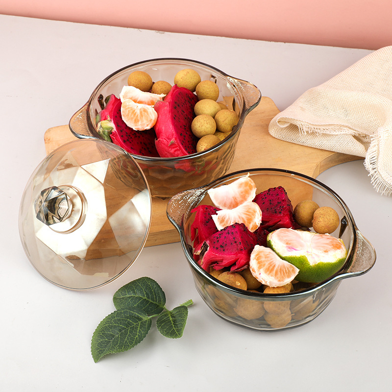 Vas de sticlă cu capac, cu mânere duble, potrivit pentru cuptor cu microunde, stil nordic minimalist, suprafață electroplată.