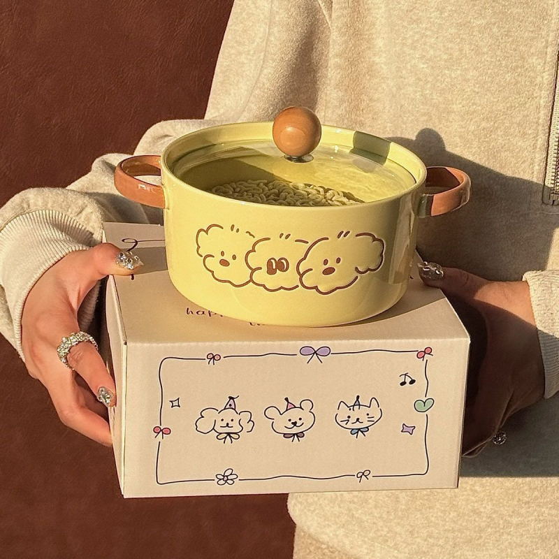 Bol ceramic pentru tăiței cu motiv desen animat, formă rotundă, compatibil cu cuptorul cu microunde, suprafață sub glazură, stil modern minimalist