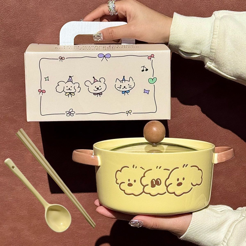 Bol ceramic pentru tăiței cu motiv desen animat, formă rotundă, compatibil cu cuptorul cu microunde, suprafață sub glazură, stil modern minimalist