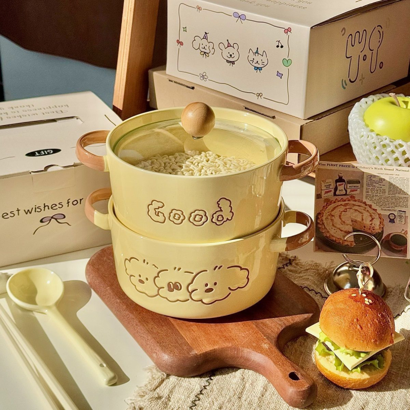 Bol ceramic pentru tăiței cu motiv desen animat, formă rotundă, compatibil cu cuptorul cu microunde, suprafață sub glazură, stil modern minimalist