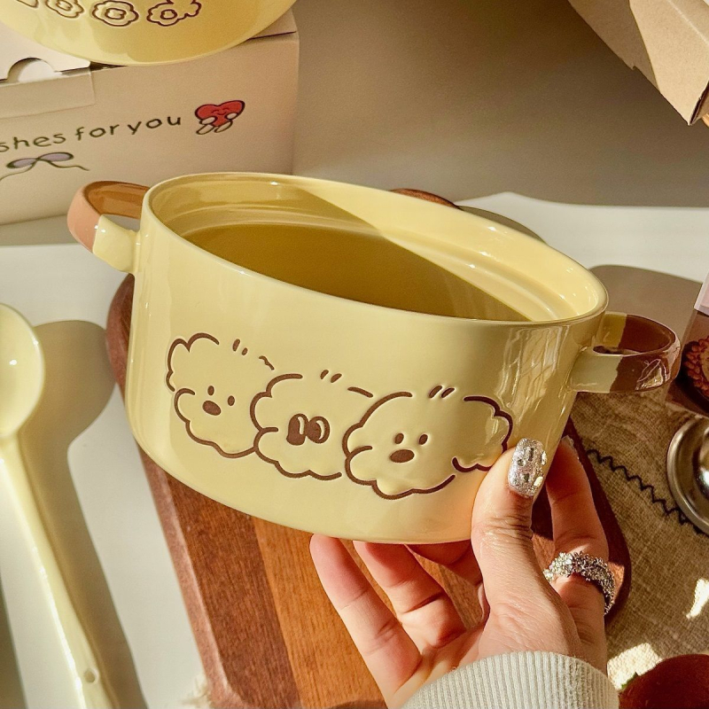 Bol ceramic pentru tăiței cu motiv desen animat, formă rotundă, compatibil cu cuptorul cu microunde, suprafață sub glazură, stil modern minimalist