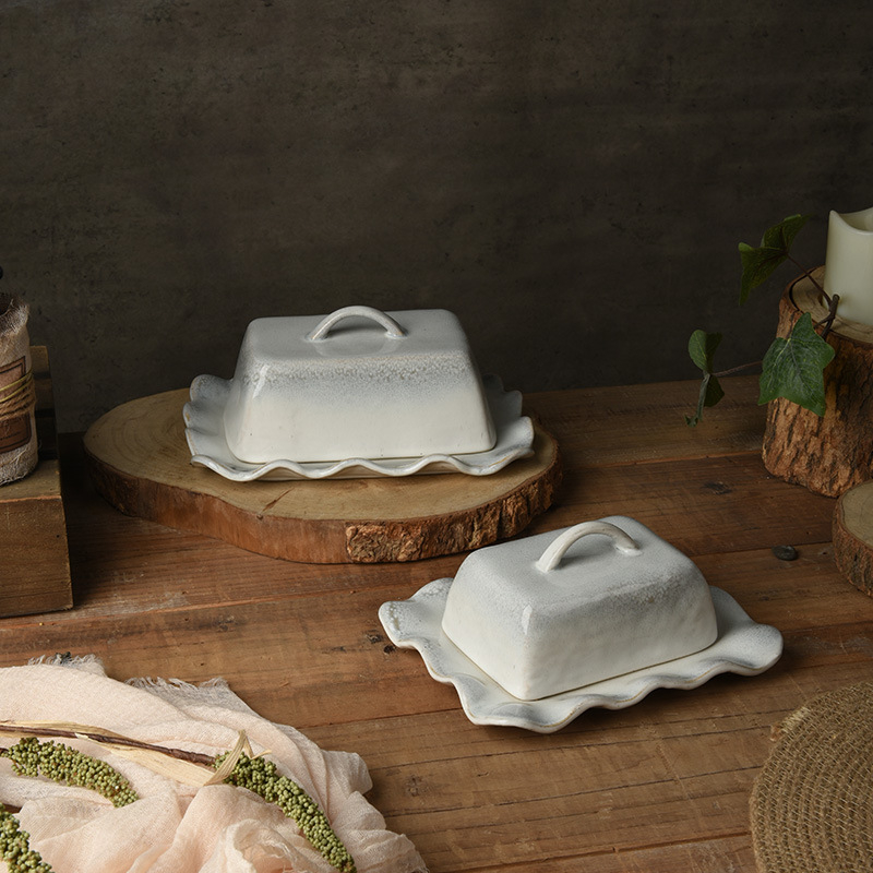 Керамична чиния за масло с капак, нордичен нерегулярен стил, възможност за печат на лого