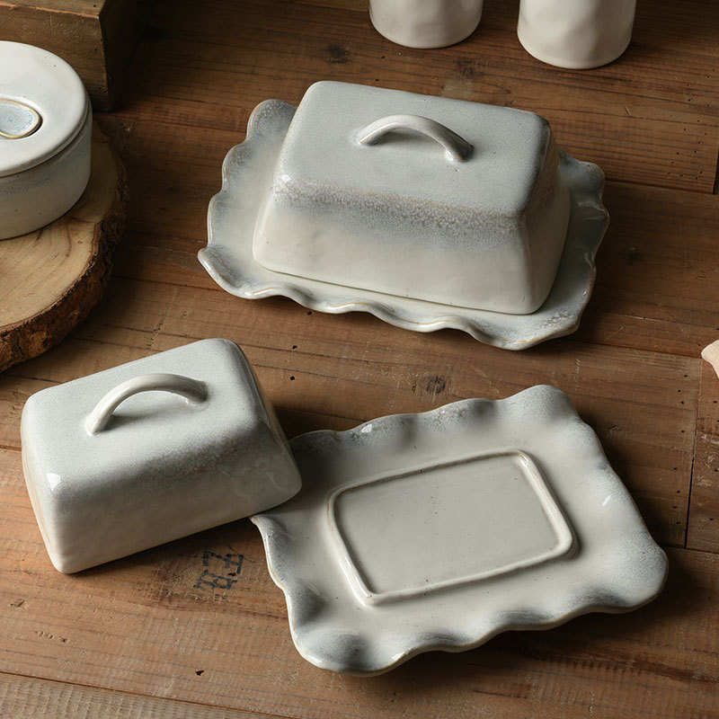 Керамична чиния за масло с капак, нордичен нерегулярен стил, възможност за печат на лого