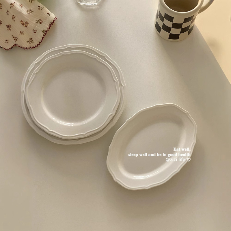 Keramički tanjur s reljefnim rubom i čipkastim obrubom, nordijski stil, za zapadnu kuhinju (Materijal: Keramika; Stil: Nordic; Mikrovalna: Kompatibilna; Ispis logotipa: Moguće; Prilagodba: Moguće)