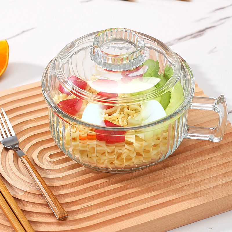 Γυάλινο μπολ για Instant Noodles με λαβή, αντι-κάψιμο, κατάλληλο για φούρνο μικροκυμάτων, με καπάκι, μεγάλης χωρητικότητας