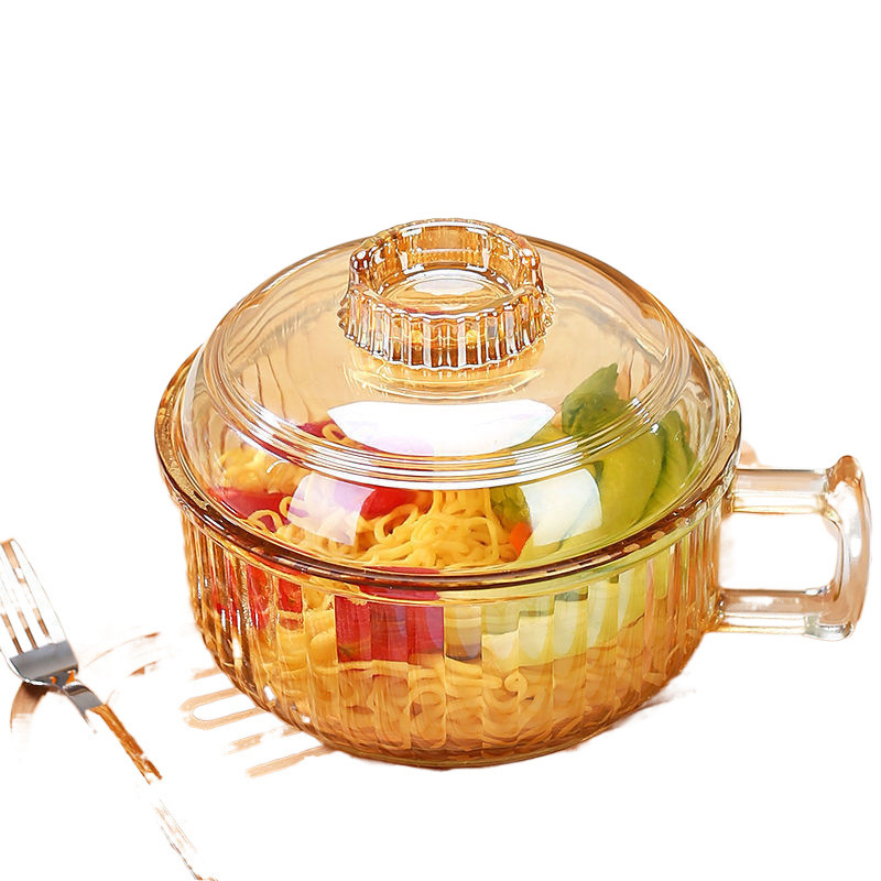 Γυάλινο μπολ για Instant Noodles με λαβή, αντι-κάψιμο, κατάλληλο για φούρνο μικροκυμάτων, με καπάκι, μεγάλης χωρητικότητας